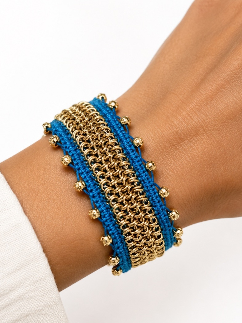 NEW The Sak Gold Chainmail Blue Woven Cord Bracelet Adjustable Boho Y2K